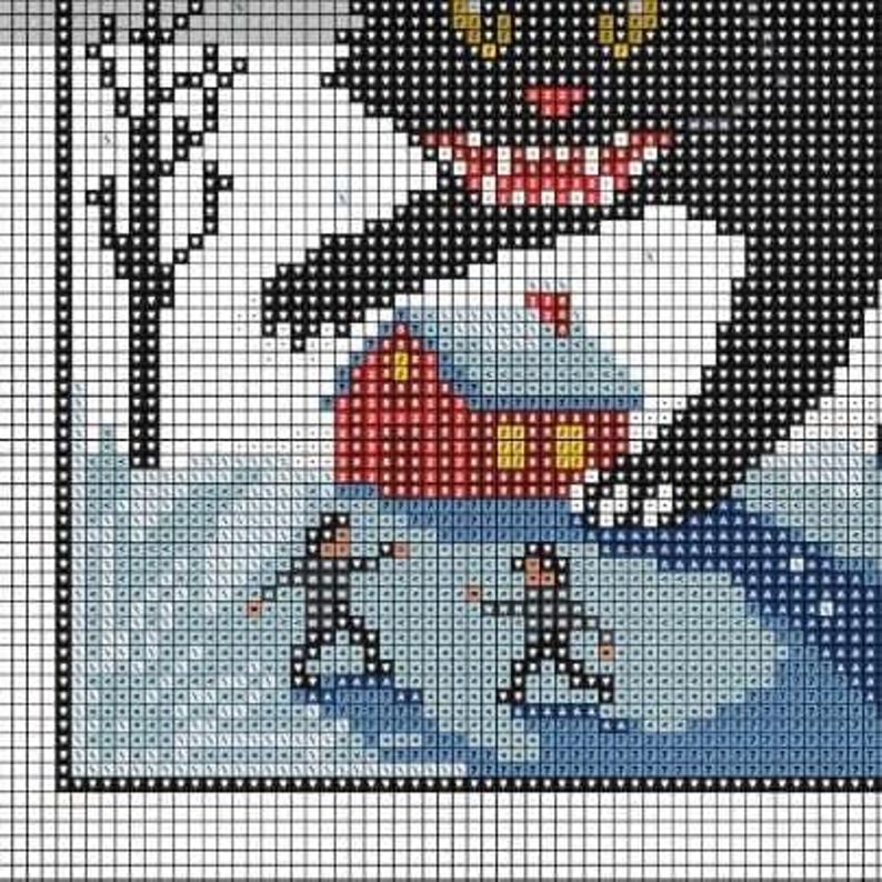 Digital mockup of the Norse Christmas Jólakötturinn cross stitch pattern on a tablet or computer screen, confirming PDF instant download format.