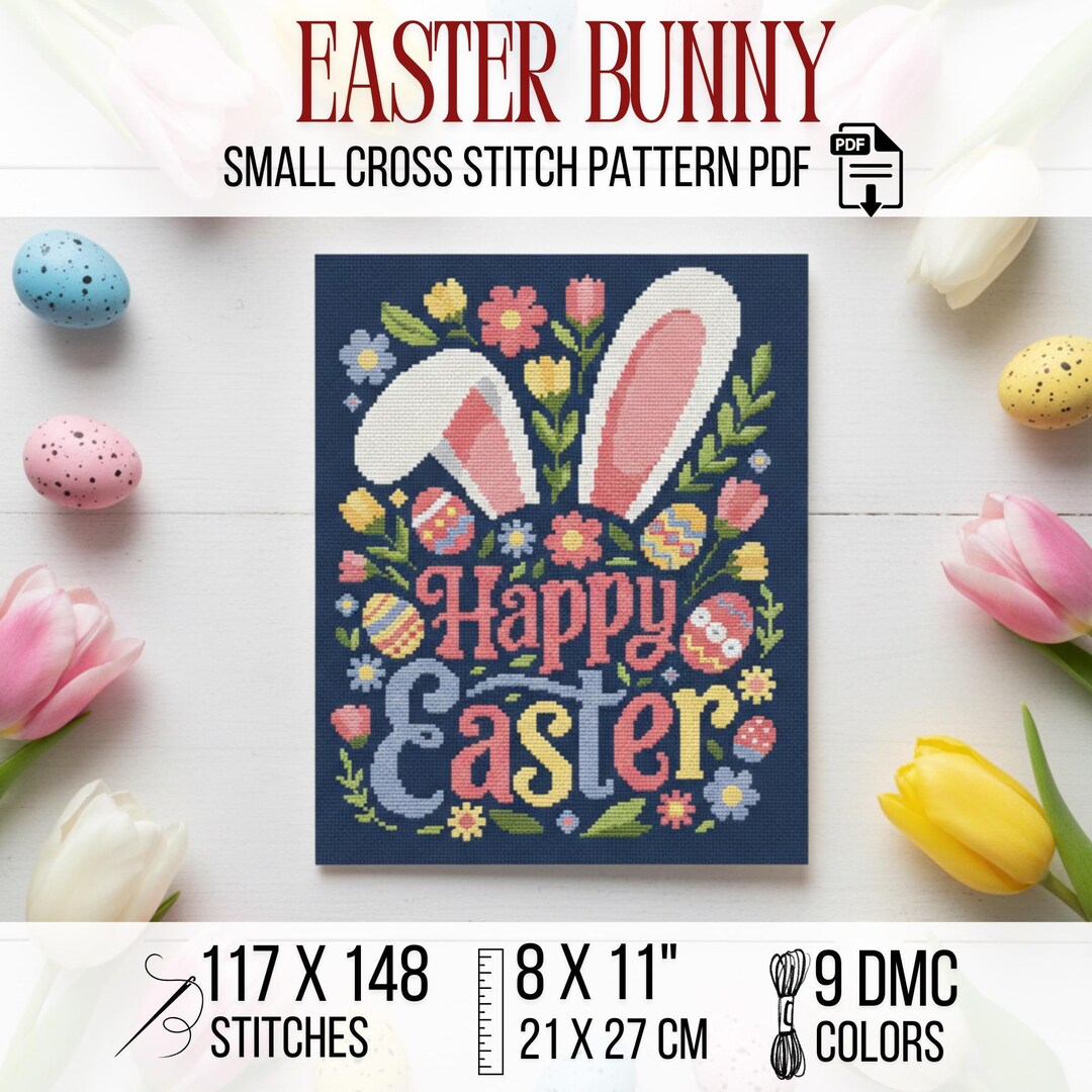 Easter Bunny Cross Stitch Pattern PDF Floral Happy Easter Spring Decor ...