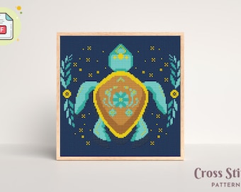 Night Turtle Cross Stitch Pattern - Mystical Sea Turtle on Navy Blue Aida, PDF Cross Stitch Pattern, Instant Download