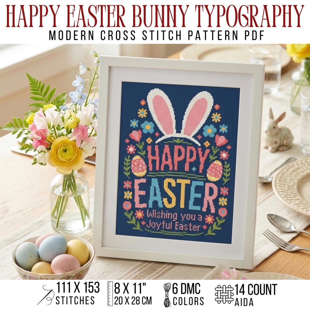 Easter Bunny Cross Stitch Pattern PDF Happy Easter Typography Spring ...