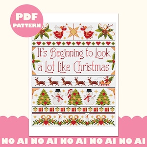 Il commence à ressembler à Noël, modèle de point de croix PDF, échantillonneur de Noël vintage personnalisé