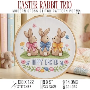 Easter Bunny Cross Stitch Pattern PDF Rabbit Trio Modern Spring Decor DIY Project