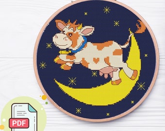 The Cow Jumped Over the Moon Cross Stitch Pattern: Delightful Nursery Decor Design, A Cute Cross Stitch Pattern