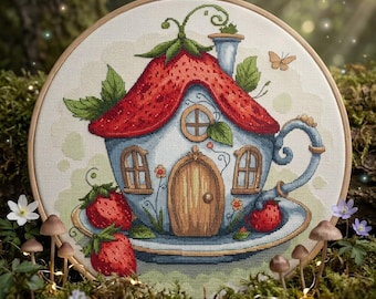 Strawberry Teacup Fairy House Fantasy Cross Stitch Pattern PDF Easy Beginner Cottagecore Design