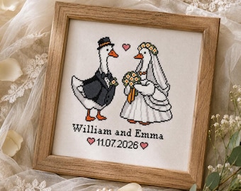 Personalized Goose Wedding Cross Stitch Pattern Easy Beginner Whimsy Romantic Bird Design FREE Typography