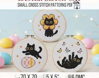 Black Cat Easter Cross Stitch Pattern PDF Small Spring Flower Butterfly Easy Modern Set