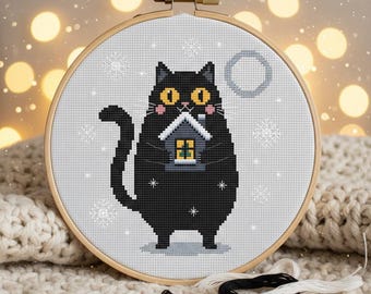 Funny Black Cat Small Cross Stitch Pattern PDF