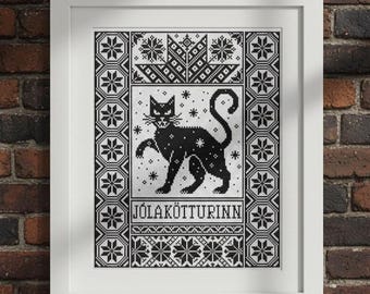 Yule Cat Cross Stitch Pattern PDF, Jolakotturinn Nordic Christmas Sampler, Norse Pagan Black Cat Chart