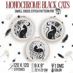 Patrón de punto de cruz pequeño de 3 gatos negros, diseños monocromáticos celestiales bohemios modernos