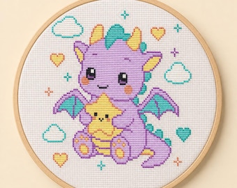 Baby Dragon Cross Stitch Pattern PDF with Star, Purple Nursery Chart