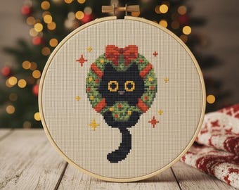 Cross Stitch Pattern Cat, Christmas Small Easy Chart for Beginners, Framed Funny Cat