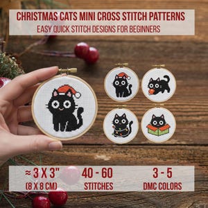 4 Weihnachtsschwarze Katzen Minikreuzstich, schnelle einfache lustige Winter-Muster für Anfänger