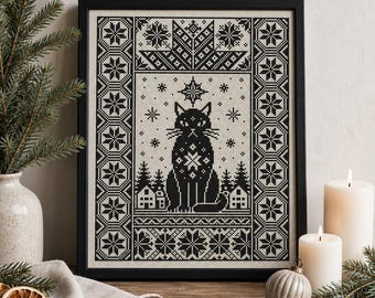 Yule Cat Cross Stitch Pattern PDF, Nordic Black Cat Christmas Sampler