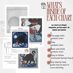 What's included in the Yule Cat digital pattern pack: guide, full chart, and DMC thread list for the massive black cat design.