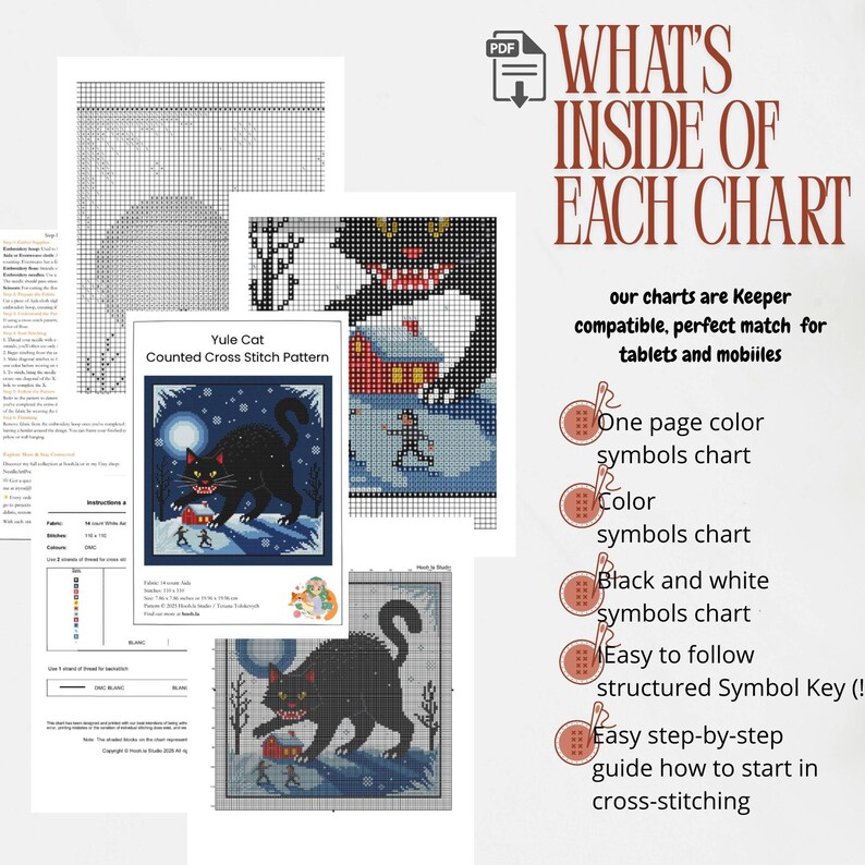 What's included in the Yule Cat digital pattern pack: guide, full chart, and DMC thread list for the massive black cat design.