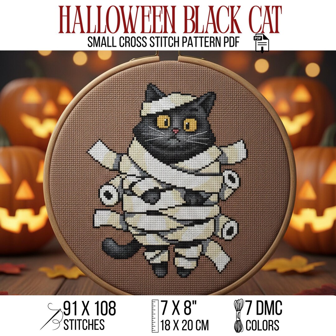 Halloween Mummy Cat Cross Stitch Pattern PDF Small Spooky Black Kitten ...