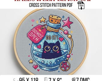 Modern Witchy Black Cat Cross Stitch Pattern PDF, Spooky Halloween Gothic Chart