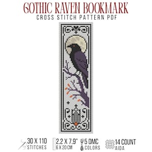 Może przedstawiać: Wzór do haftu krzyżykowego w formacie PDF zatytułowany GOTHIC RAVEN BOOKMARK przedstawiający czarnego kruka siedzącego na gałęzi na tle bladego księżyca. Wzór zawiera geometryczne obramowania, pomarańczowe akcenty i mierzy 6 na 20 cm dla kanwy Aida 14.