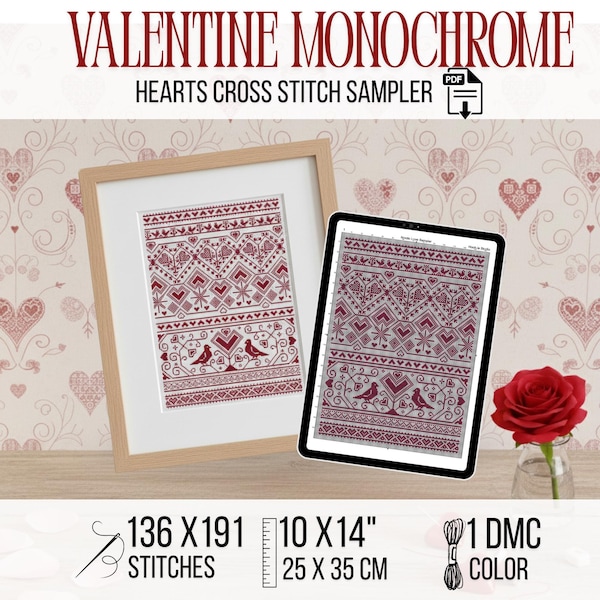 Nordic Wedding Cross Stitch Pattern 2nd Cotton Anniversary Gift Scandinavian Heart Sampler PDF