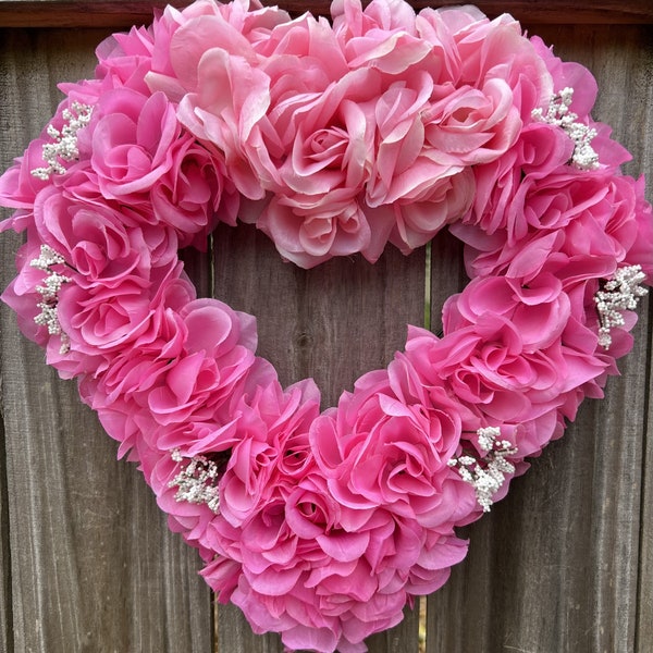 Ombre Pink Rose Heart wreath with white babies breath.