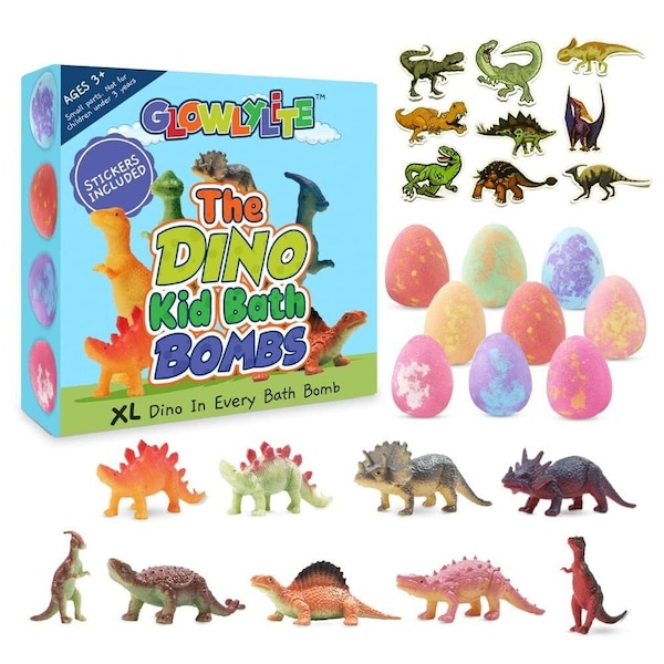 GLOWLYLITE - 9 Badebomben für Kinder mit Überraschungs Dinosaurier im Inneren - Bunte Dino Badebomben mit Spielzeug für Kinder im Inneren - Aufkleber inklusive