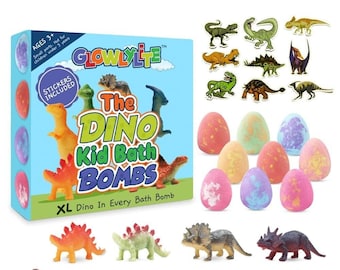 GLOWLYLITE - 9 bombas de baño para niños con dinosaurio sorpresa en el interior - Coloridas bombas de baño de dinosaurio con juguetes en el interior para niños - Pegatinas incluidas