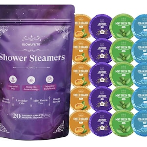 GLOWLYLITE Shower Steamers for Women & Men - Pack of 20 with 4 Organic scents Sweet Orange Lavender Mint Green Tea and Ocean Breeze