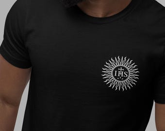 IHS T Shirt | Tee | Catholic | Symbol | Jesus | Jesuit | Christian | Mass | Liturgy | RCIA | Gift | Men | Women | Youth | Gospel | Christ