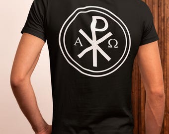 Chi Rho | T Shirt | Catholic | Christian | Faith | Men | Women | Youth | Church | Gift | Easter | Lent | Ash Wednesday | Omega | Alpha