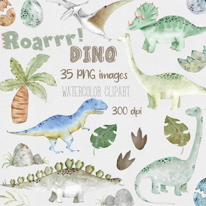 Watercolor dinosaurs clipart, baby boy clip art, dino nursery decor, digital download, PNG