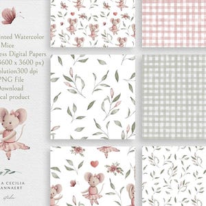 Puede incluir: Papeles digitales de acuarela con ratones bailarinas, diseños florales y cuadros de vichy en rosas y verdes suaves. La imagen incluye el texto "Hand-Painted Watercolor Ballerina Mice" y "12 Seamless Digital Papers 12X12" (3600 x 3600 px)".