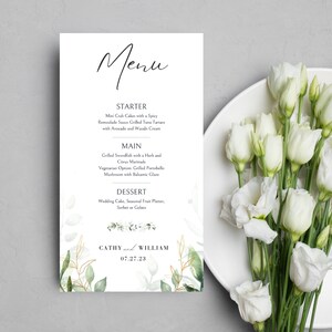 Grün-Weiße Hochzeit Dessert Menü Vorlage, bearbeitbares Speisemenü, benutzerdefiniertes Abendessen Schild, druckbare Dessertkarte, Canva Boho Hochzeitskarte