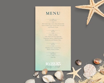 Beautiful Beach Wedding Food Menu Card - Wedding Menu Card - Editable Canva Template - Coastal Invitation - Reception Menu Card - Printable