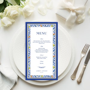 Regal Blue Gastronomie-Menüvorlage, bearbeitbares Lebensmittelschild, benutzerdefinierte Hochzeitstafel, Buffetmenü für den Empfang, Mahlzeitenschild für Ereignis oder Hochzeit