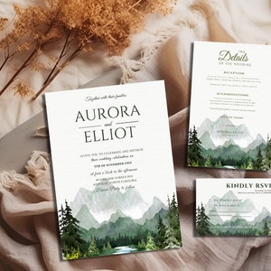 Conjunto de convites para casamento na floresta, modelo de cartão de informações para casamento para impressão, cartões RSVP para casamento no destino, convites de casamento editáveis do Canva