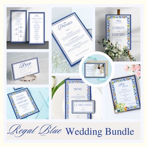 Spersonalizowany zestaw ślubny Regal Blue z zaproszeniami, Rsvp, tabliczką powitalną, szczegółami, harmonogramem, menu i numerami stołów na Twój wyjątkowy dzień