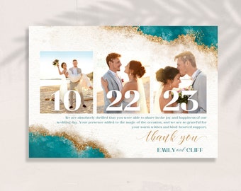 Elegant Beach Wedding Thank you Card- Editable Canva Template - Wedding Guest Thank you Card - Printable Blue & Gold Glitter Invitation