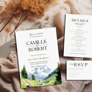 Conjunto de convites para casamento na montanha, cartão com detalhes rústicos para casamento, cartões de RSVP editáveis para casamento, modelo de convites para casamento Canva