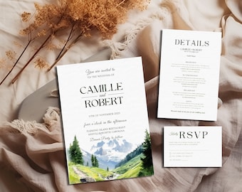 Suite de invitación de boda de montaña - Suite de boda rústica - Tarjeta de detalles, tarjeta RSVP -Plantilla Canva editable-Conjunto de invitación de boda imprimible