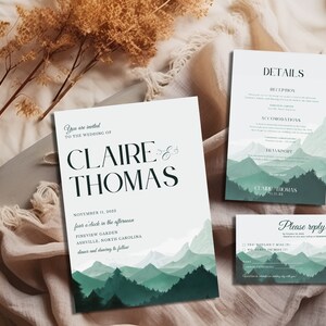 Blue Mountain Wedding Invitation Suite, Wedding Details Card, Rsvp Wedding Cards, Canva Wedding Invitations, Editable Invitation Template