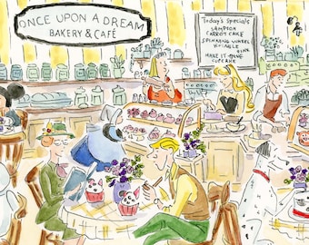 Sleeping Beauty Disney Pastry Shop Watercolor Print | Cake Bakery Ice Cream Cook Disney Lover Vintage | Aurora Flora Fauna Merryweather