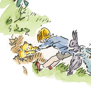 May include: A watercolor illustration of a boy pulling a yellow bear out of a hole in the ground. Two rabbits, one purple and one blue, are behind the boy.