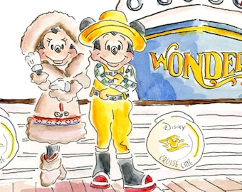 Disney Alaska Cruise Watercolor Print | Autograph Signature Name | Wonder Cruise Ship | Mickey Minnie Donald Duck Huey Dumbo | Disney Lover