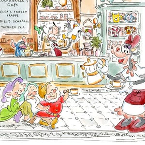 May include: A watercolor illustration of Clarabelle's Cafe featuring a menu with Elsa's Frozen Frappe, Ariel's Seafoam, and Tangled Tea. The scene depicts a cartoon cow serving coffee to three small figures in a cafe setting with a tiled floor.