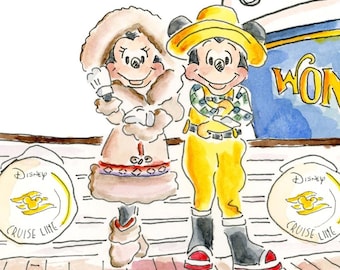 Disney Alaska Cruise Watercolor Print | Autograph Signature Name | Wonder Cruise Ship | Mickey Minnie Donald Duck Huey Dumbo | Disney Lover