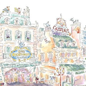 Remy Ratatouille and Gusteaus Epcot France Watercolor | Gusteau&#39;s Restaurant | Disney Ratatouille Movie | Epcot | France | Pixar