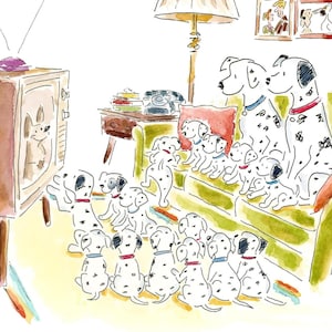 May include: Watercolor illustration of a family of dalmatians watching television. The dogs, with black spots, are gathered on a green sofa and floor. Some puppies are wearing red and blue collars. A vintage TV and lamp are also in the scene.
