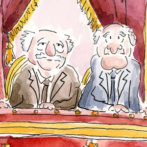 May include: Watercolor illustration of two elderly men in suits, seated in a theater box. The men have white hair and mustaches, with one wearing a brown suit and the other a blue suit. The background features red curtains and gold accents.