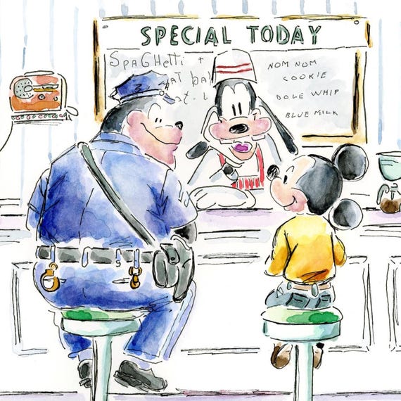 Disney Diner Watercolor | Disney Parody Norman Rockwell | Mickey