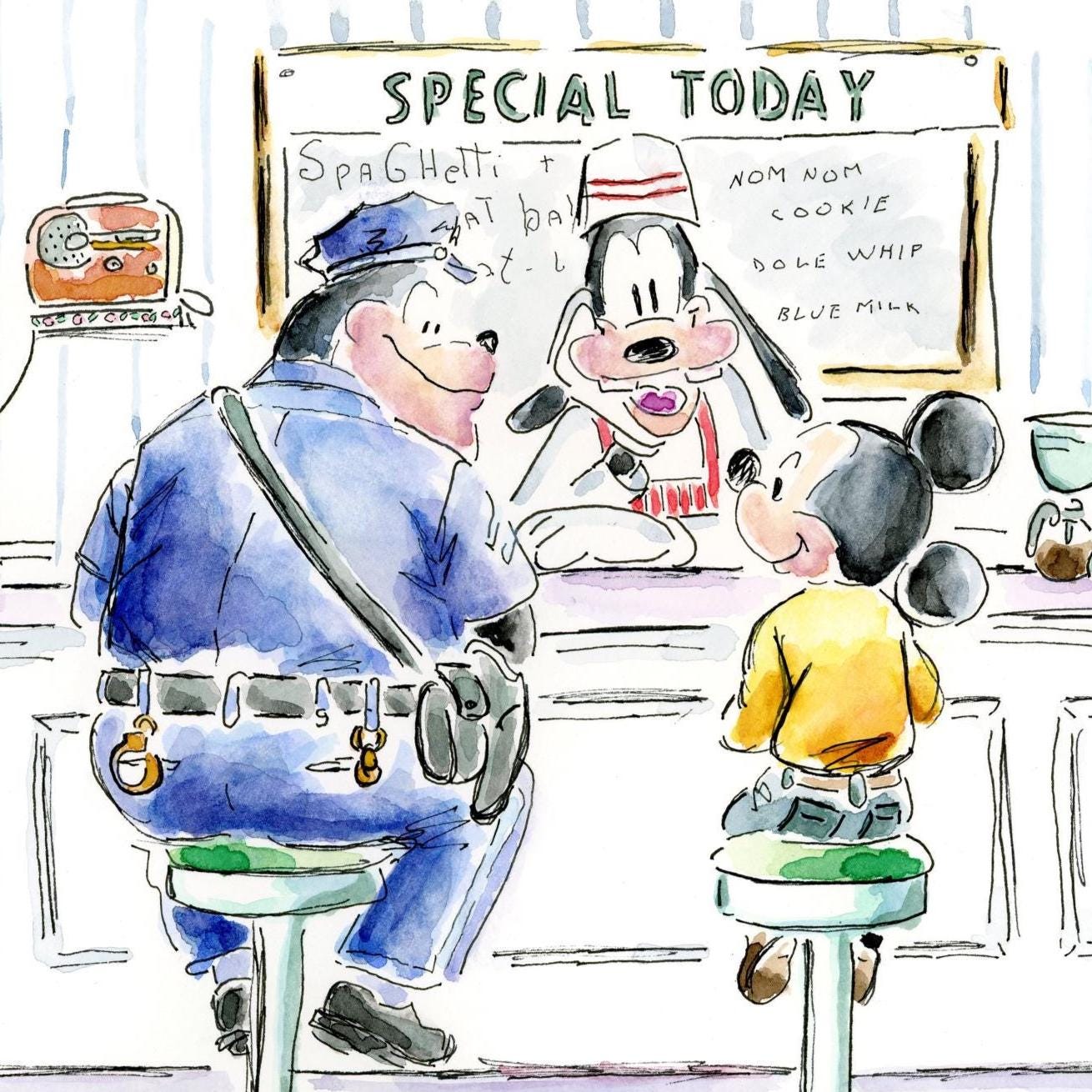 90s Disney Norman Rockwell Mickey ミッキー Disney Diner Watercolor | Disney Parody Norman Rockwell | Mickey